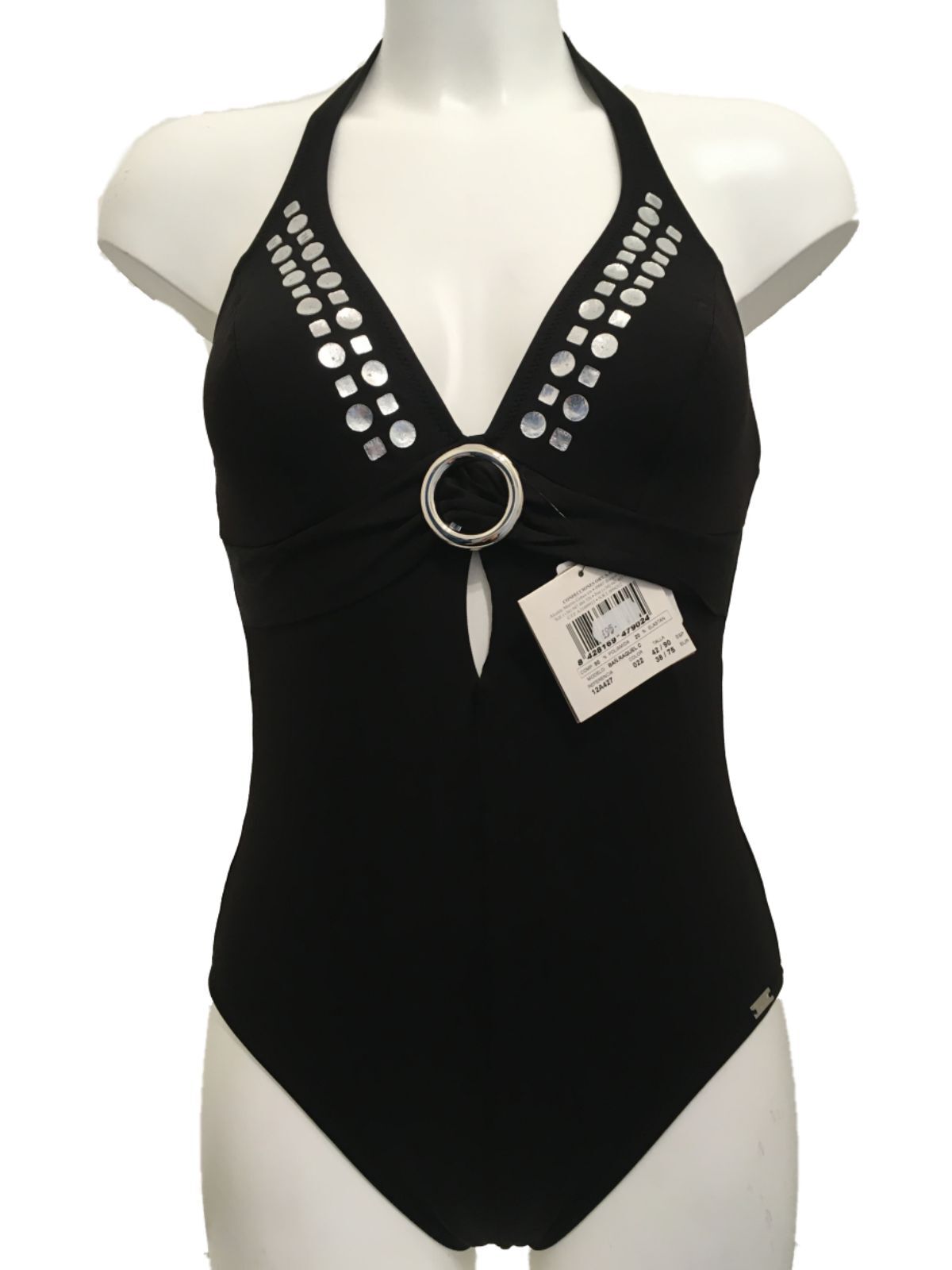 Traje de baño Ory negro 34C cuello halter traje de baño plateado