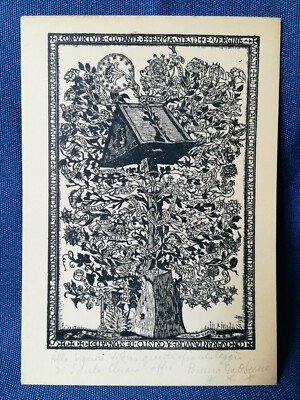 Autogramm Widmung von Bruno da Osimo auf Postkarte, Holzschnitt, nach 1938. Perfekt