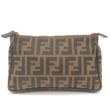FENDI Zucca Cosmetic Pouch Brown Black Canvas Leather 26387 Autentic Used
