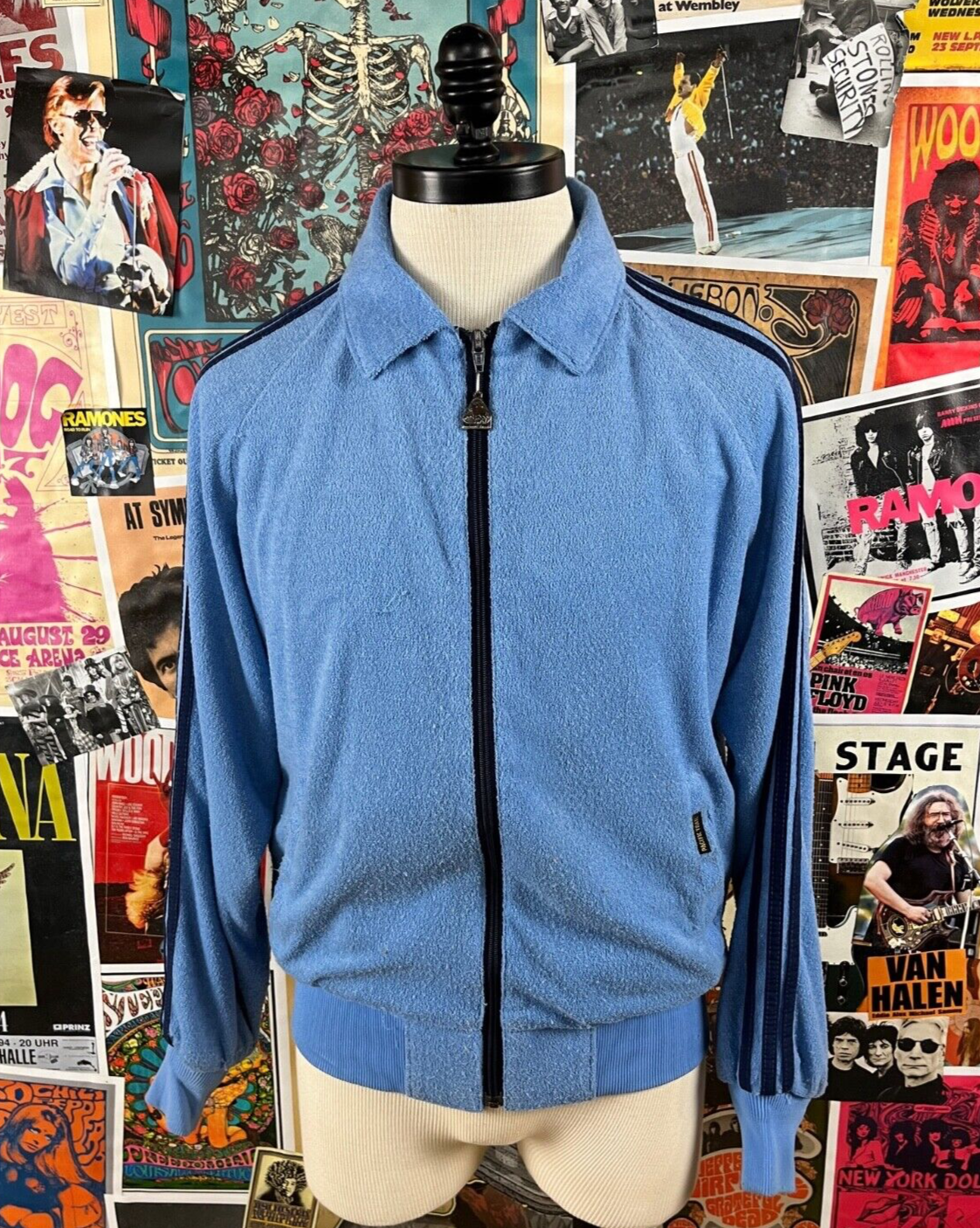 Vintage 80s Blue Terry Cloth Striped Pacific Trail Zip Up Track Jacket Mens L/XL