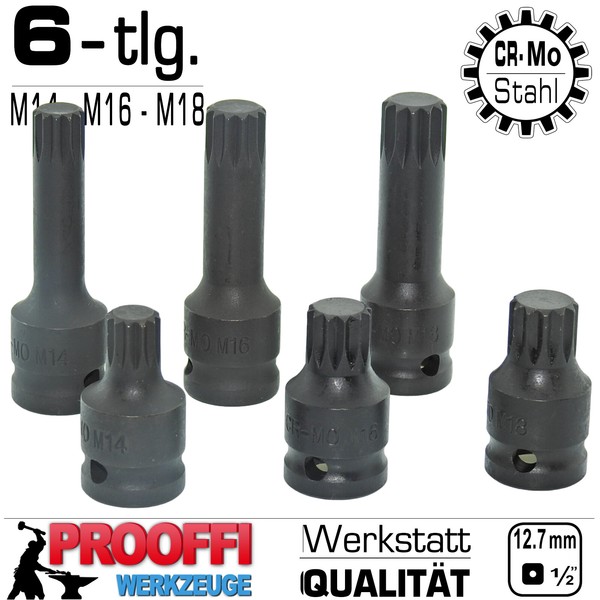 6-Tlg Kraft 12-Kant Vielzahn Schlagschrauber Stecknuss Set M14 M16 M18 Kurz Lang-image