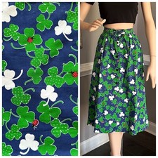 Vintage 1970s Four Leaf Clovers  Lady Bugs Print Skirt A-line Pintucked L
