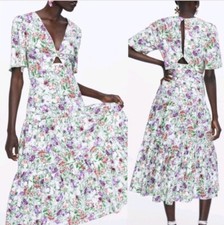 ZARA NWT Ivory Cream Floral Tiered Midi Dress Botanical Front Knot Size Small