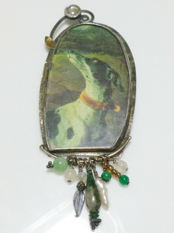 STERLING SILVER GREYHOUND PORTRAIT CAMEO LOCKET 14K GOLD MOONSTONE