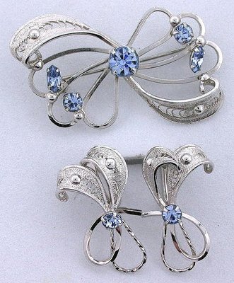 Sterling Silber Coro Floral Blau Strass Pin Brosche & Ohrring Set VINTAGE