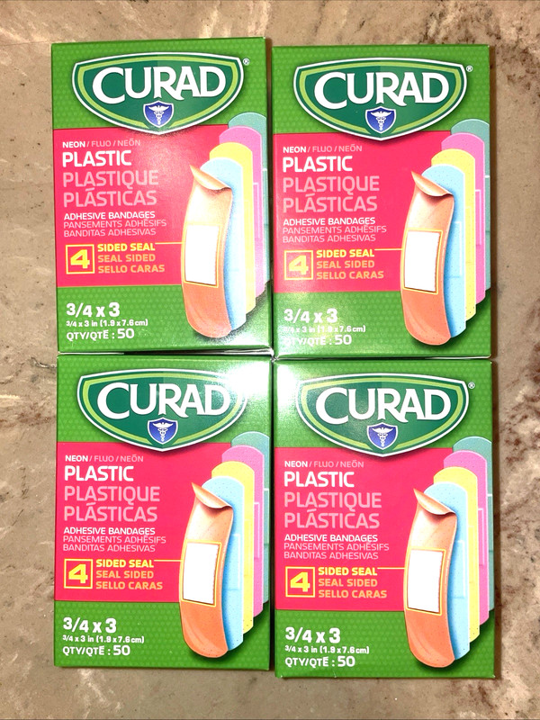 FOUR(4) Boxes 50 ct. 200 total CURAD Neon Plastic Adhesive Bandages 4 Sided Seal