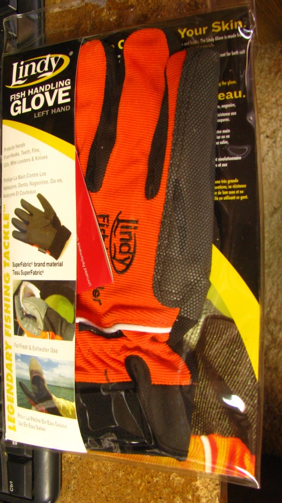 Lindy fish handling glove, left, XXL, orange, free shipping