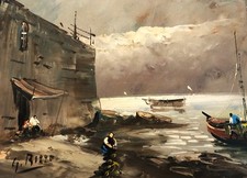 Giuseppe Rizzo  dipinto a olio ,  costiera con barche e pescatori,