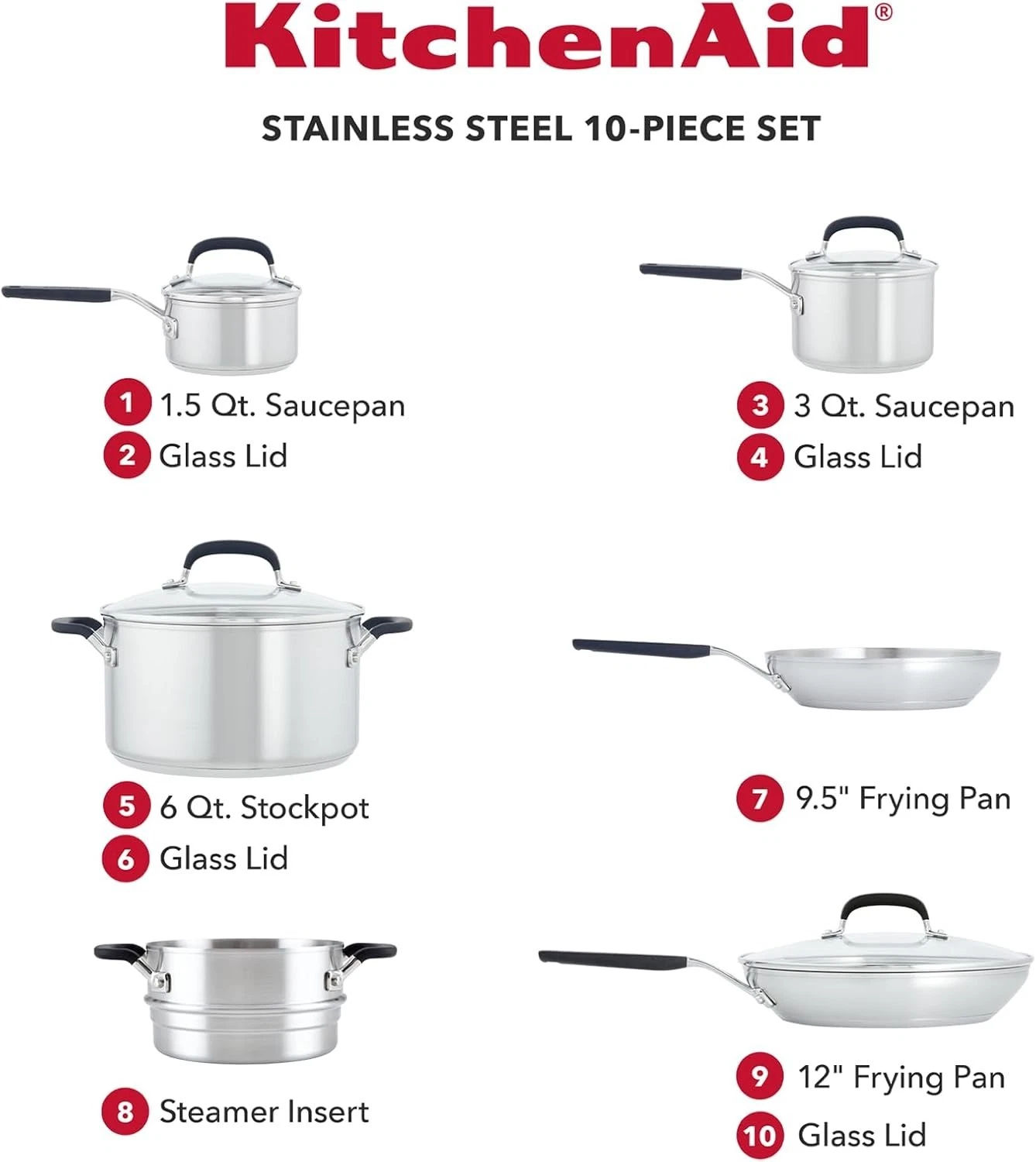 KitchenAid Brushed Stainless Steel Cookware Set 10 Piece - Please Read
Opens in a new window or tab