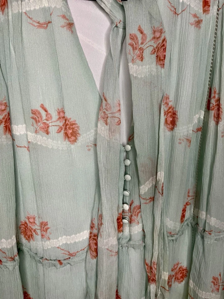 100% 真丝 Jonathan Simkhai Seafoam FloralIrena 玫瑰连衣裙分层褶边 M 码 — 第 3/4 张图片