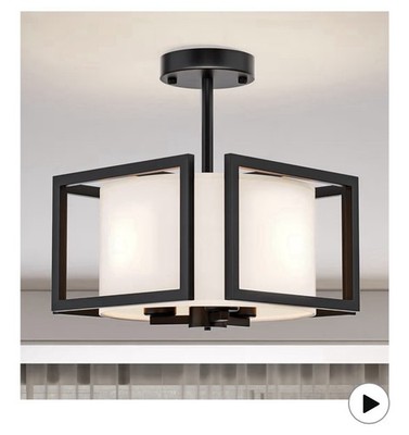 Industrial Semi Flush Mount Ceiling Light with Fabric Shade - Black Metal Frame