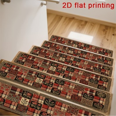 Retro Floral Patterned Stair Mat in Red-Brown Plaid, Non-Slip Step Mat, Stair