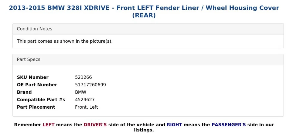 BMW 328I XDRIVE 2013-2015 - Forro del guardabarros delantero izquierdo/cubierta de la carcasa de la rueda (trasera) Foto 4 de 4