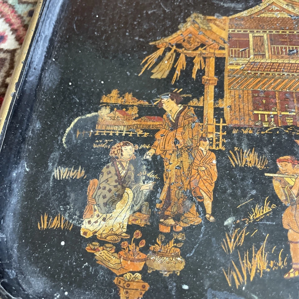 Plateau en Carton Bouilli Laqué Noir Décors Japon Samouraï Geisha Napoléon III - Photo 2/4