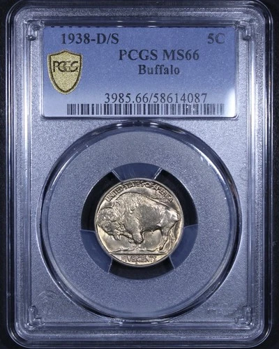 1938-D/S Buffalo Nickel - 5c PCGS MS66 - PCGS Gold Shield - Reverse Mounted!