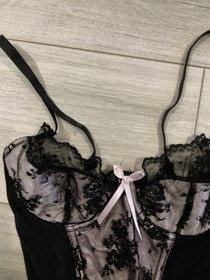 Ann Summers Black & Light Pink Satin Lace & Mesh Suspender Basque Size 36B