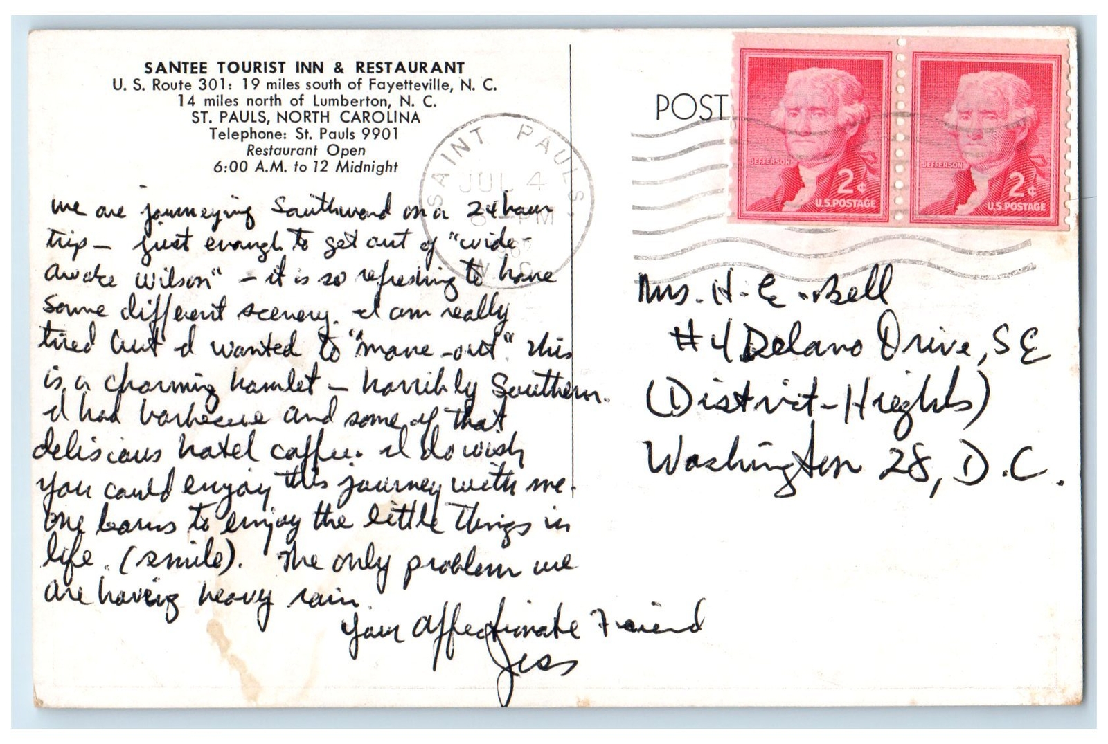 1962 Santee Tourist Inn & Restaurant View St. Pauls North Carolina NC