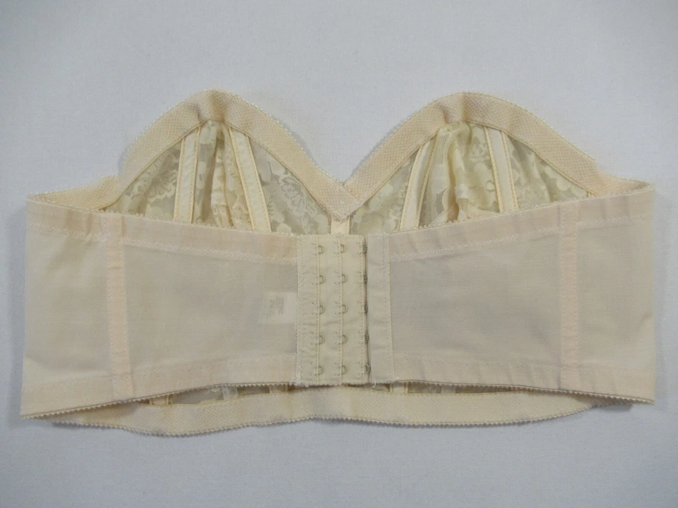 Vintage 90s Woman Within Longline Strapless Bra 42B Beige Unlined Lace USA Union - Image 2 of 4