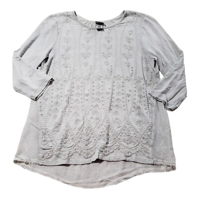 XCVI 3/4 Sleeve Shirt Women's S Gray Embroidered Geo Floral Chiffon Contrast