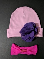 Baby girl beanie pink hat purple bow alligator clip pink headband 0-6months