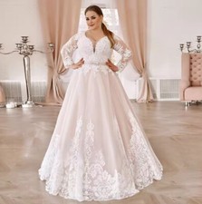 Princess Plus Size Long Sleeves Wedding Dresses Lace Up Deep V Neck Bridal Gowns