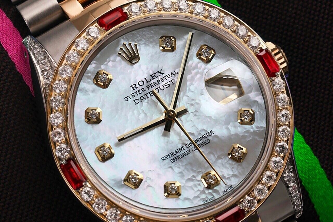 Rolex Datejust 36mm Two Tone Watch with White Mother of Pearl Dial and Ruby Diamond Accents