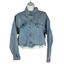 Blue Denim Cropped Womens Jacket With Frayed Hem Size M