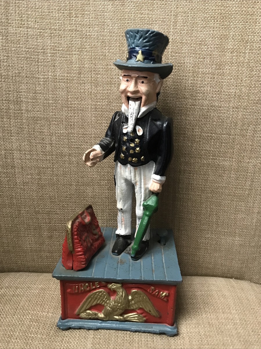 Vintage Reproduction Uncle Sam Cast Iron Mechanical Piggy Bank