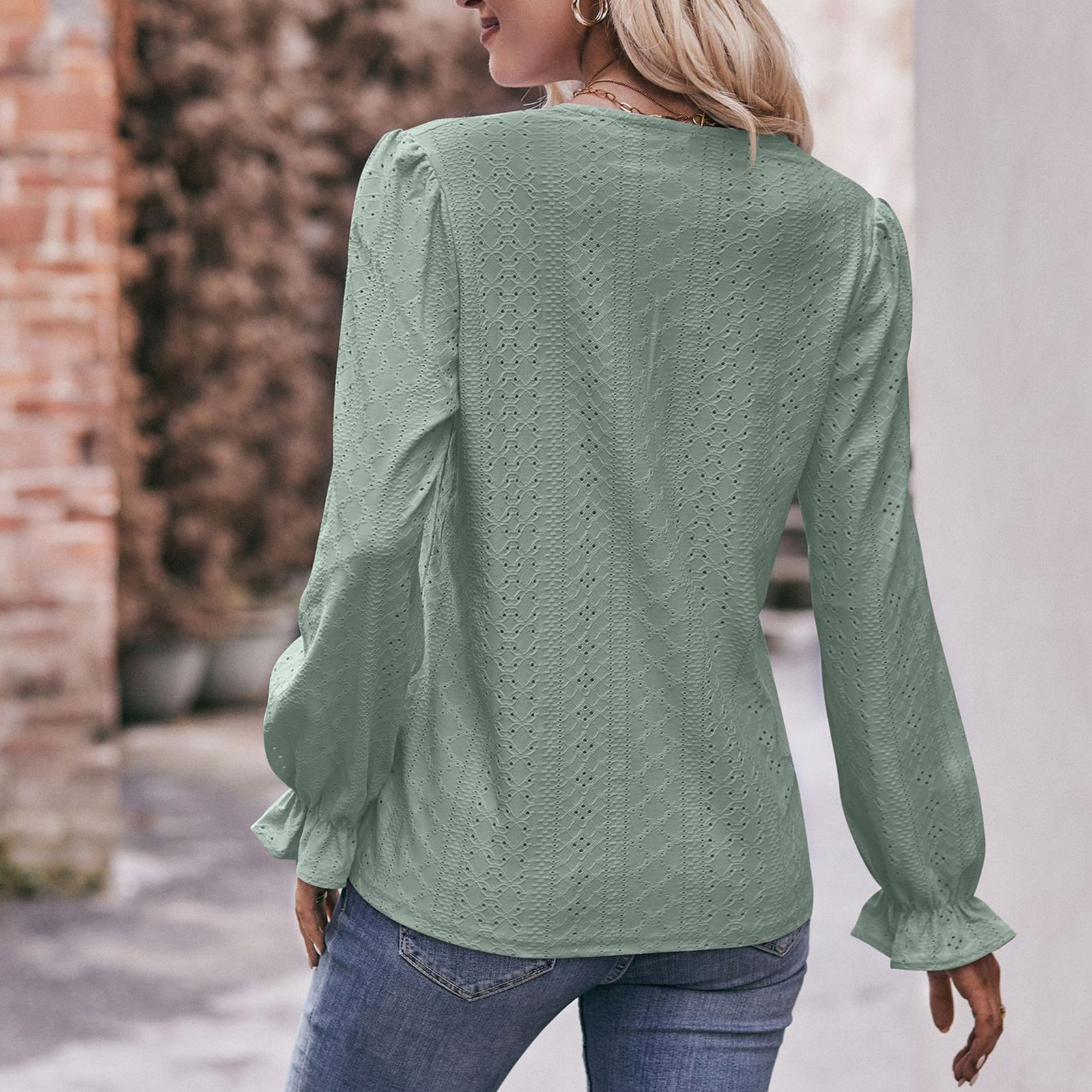 Puff Long Sleeve Blouse Dark Green