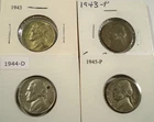 LOT OF 4 CIRC SILVER WAR NICKELS 1943P 1943P 1944D 1945P SILVER 5c