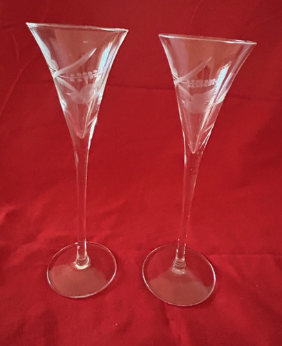 Vintage Colony Crystal Lovebirds 7" Champagne Liqueur Toasting Glasses Set 1980s