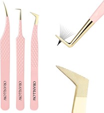 Lash Tweezers Set for Eyelash Extensions - 3 Precision Fiber Tip Diamond Grip