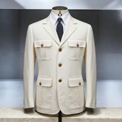 Vintage Herren Beige Anzüge Safari Jacke Mehrere Taschen Outdoor Jagd Mantel 2 Teile