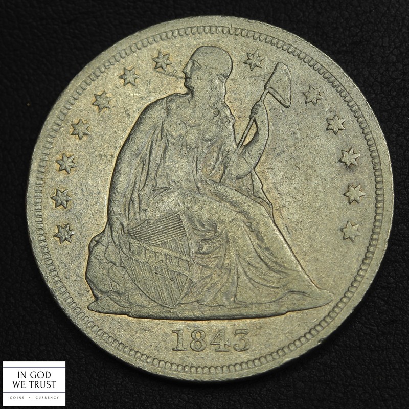1843 No Motto Seated Liberty Silver Dollar $1