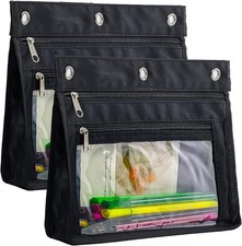 2 Pack Expandable Zipper Pencil Pouches for 3 Ring Binder - Black