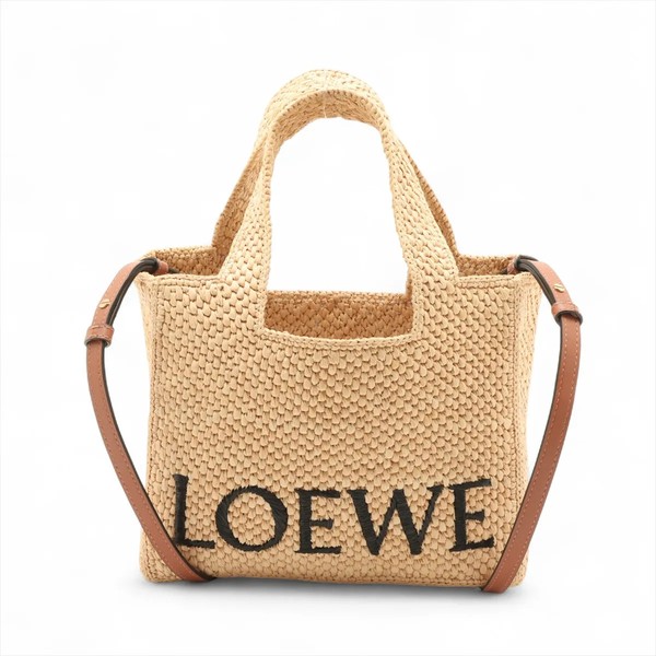 Loewe font tote Small raffia x leather 2 Way Handbag Beige