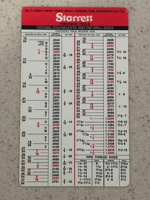 Vintage STARRETT Tap Drill Size Decimal Equivalents Pocket Card Chart ...