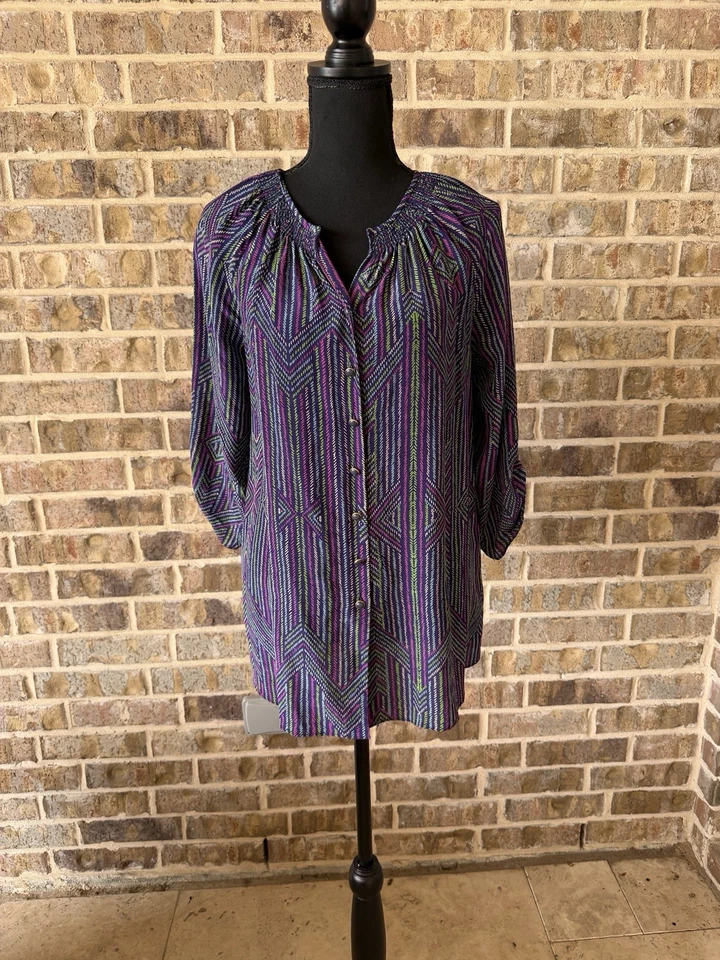 Blusa para mujer Shoshanna azul verdoso rosa estampada manga larga 100 % seda talla 6 Foto 4 de 4