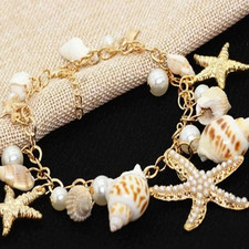 1 pc Gold Starfish&Conch Bracelet&ndash;Imitation Pearl Summer Beach Jewelry for Women