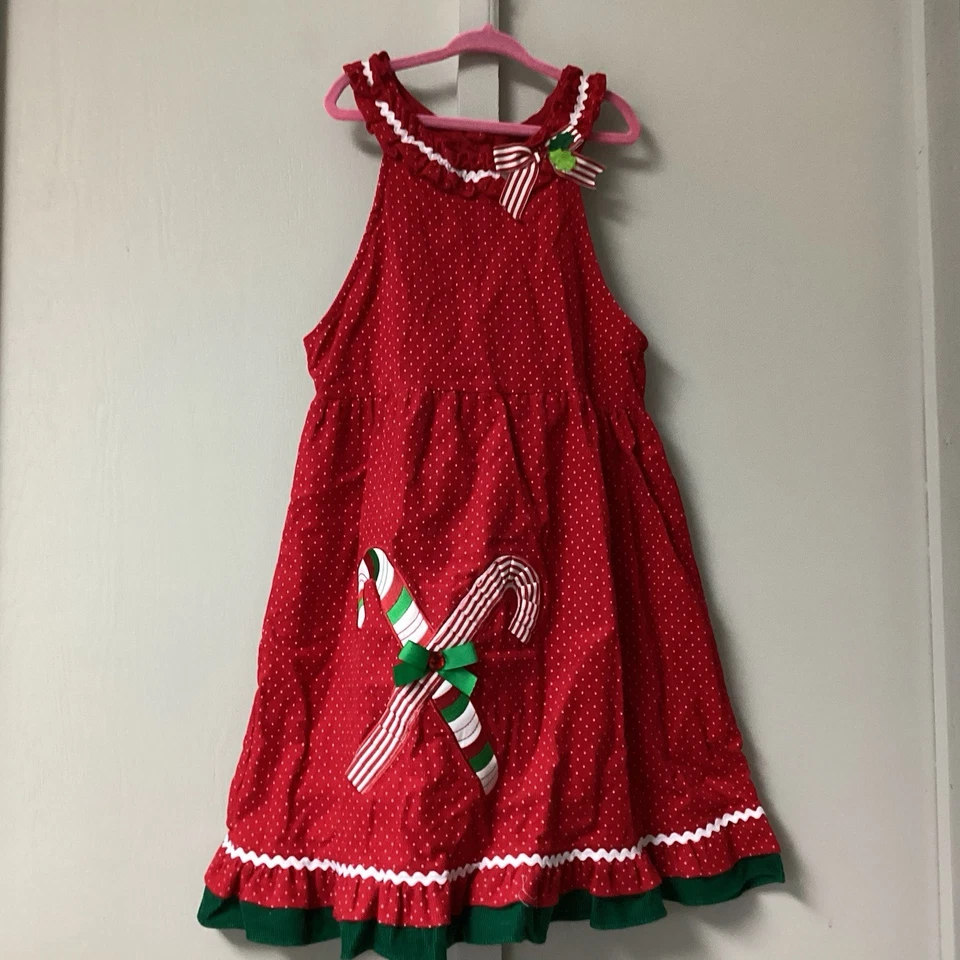 Rare Editions Girls' Sleeveless Dress Size 7 Corduroy Red Christmas Candy Canes - Image 2 of 4