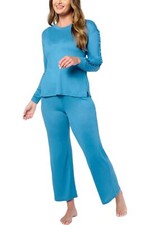 MUK LUKS Butter Knit Sweatshirt  Wide Leg Pajama Set Washed Teal