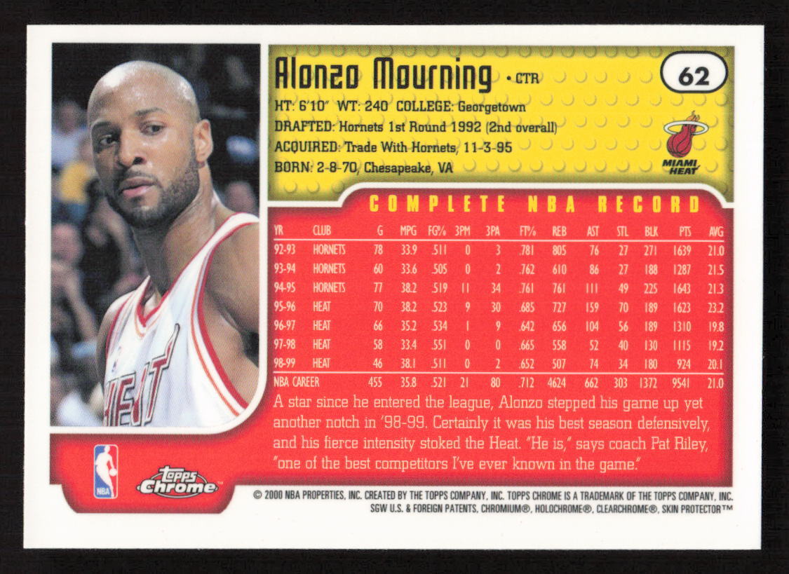 soul mate 62❣️ 1999-00 Topps Chrome - Alonzo Mourning #62 for sale online