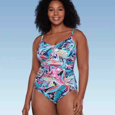 XL - Womens UPF 50 Shirred V-Neck One Piece Swimsuit - AG - Floral