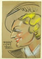 1939 Pairs Original Signed Drawing (?) Portrait Of Blonde Woman In Hat Charcoal
