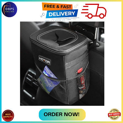 HOTOR Car Trash Can with Lid and Storage Pockets, 100% Leak-Proof Black Bin