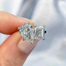 4Ct Pear & Emerald VVS1 Moissanite Prong Engagement Ring 10k Solid White Gold