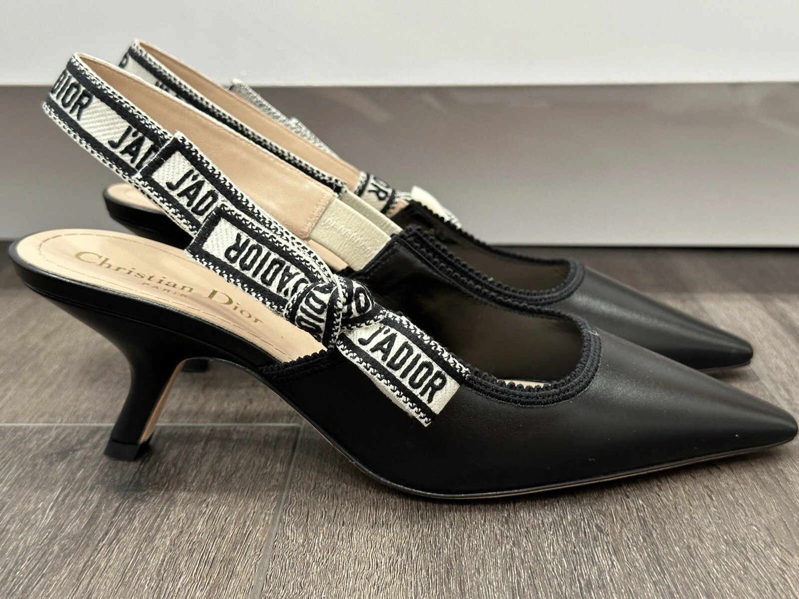 CHAUSSURES CHRISTIAN DIOR J'ADIOR CUIR DE VEAU NOIR ÉCHARPE TALON CHATON 37,5