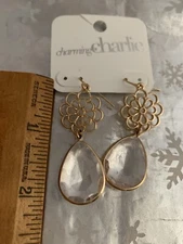 ❤️Charming Charlie Gold Tone Flower ~ Clear Tear Drop Dangle Earrings NWT