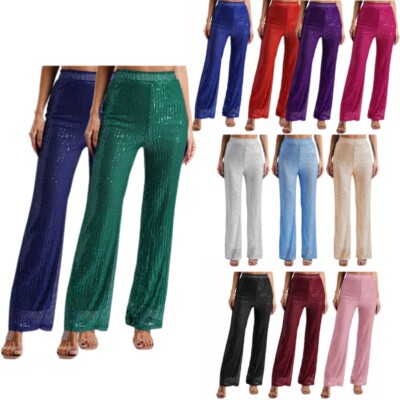 US Women's Disco Sparkly Sequins Pants Straight Wide Leg Trousers for Club Dance