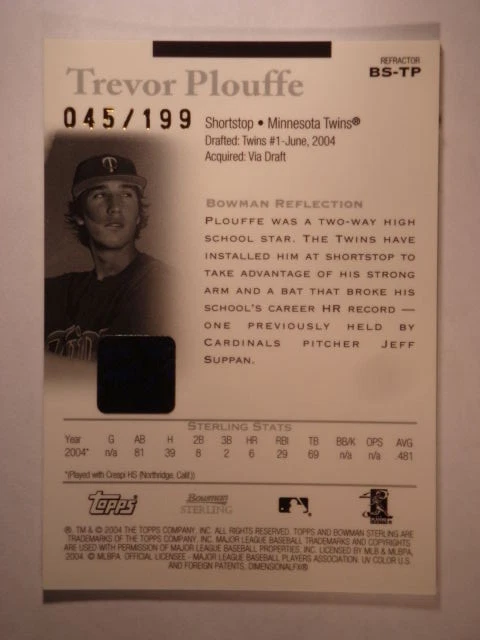 2004 Trevor Plouffe Bowman Sterling Jersey Refractor #BS-TP #045/199 Mint  - Image 2 of 2